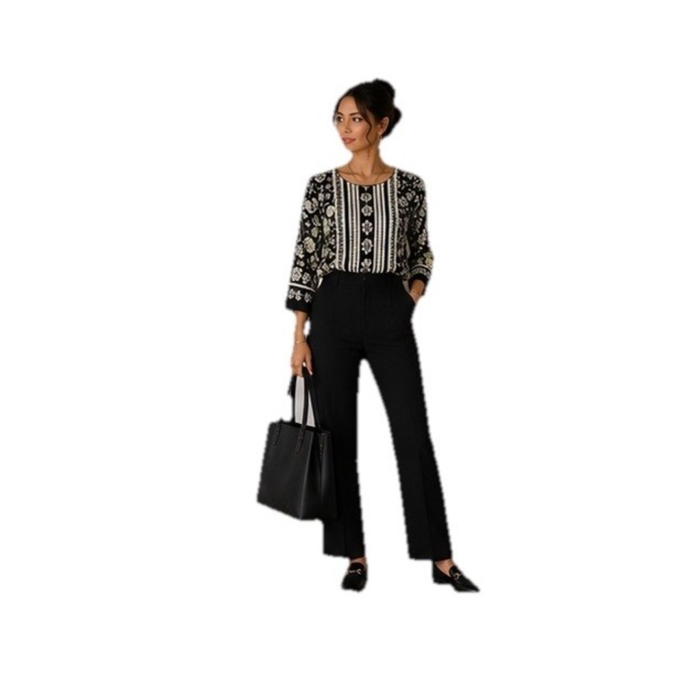 J. Jill Floral Boho Tunic Top Black White Petite Large Women 3/4 Sleeve